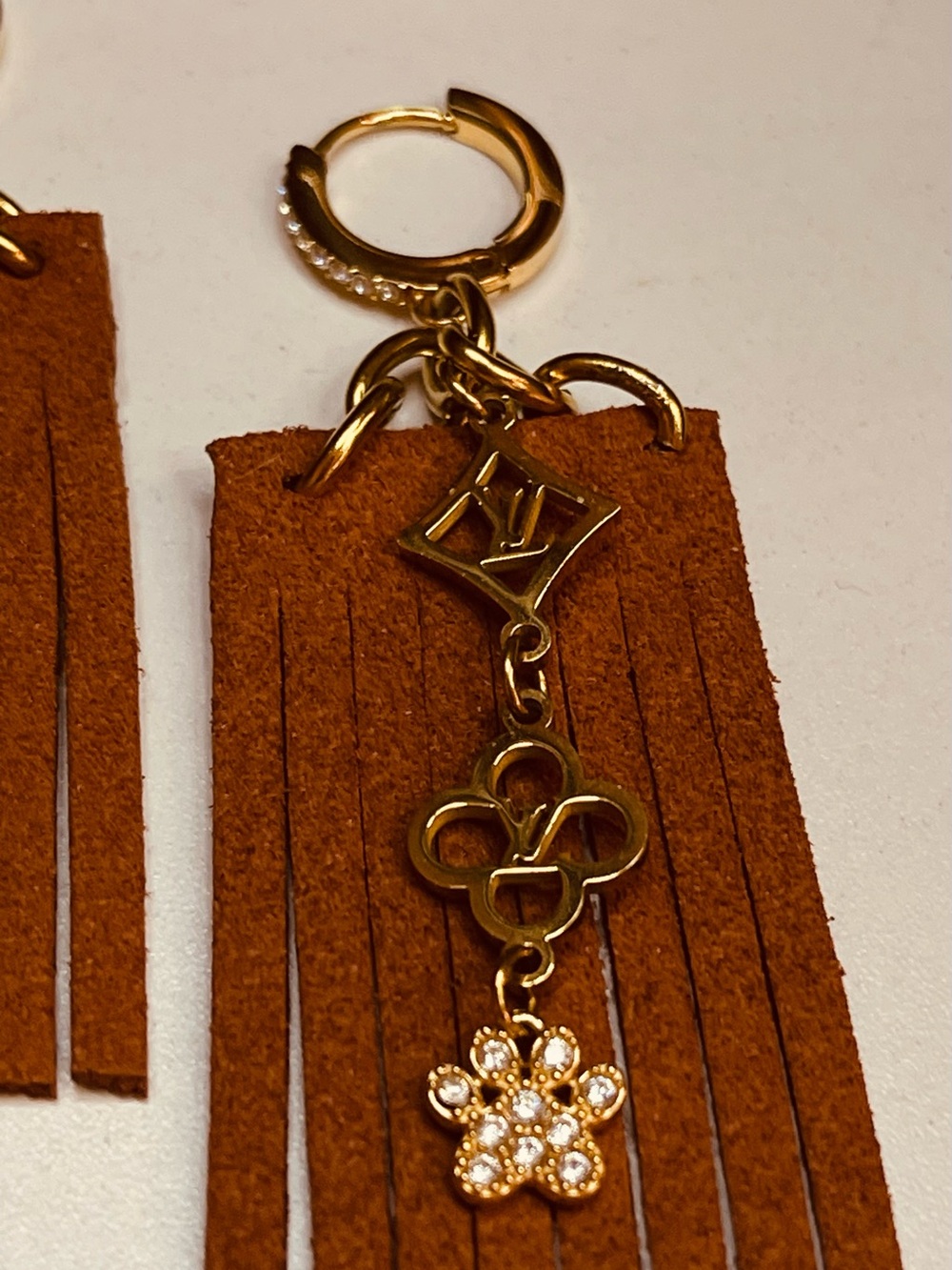 Gold & Tan Fringe Drop Earrings with Crystal Flower Charms - Picture 5 of 7